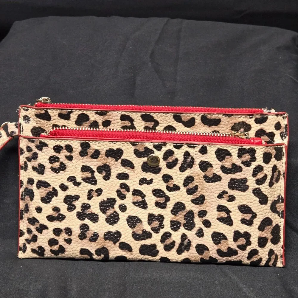 Chicos Leopard Print Wristlet Wallet Set Faux Leather Red Trim Two Piece Clutch
